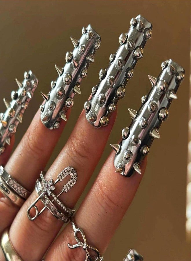 MISUD Press on Nails - Long Square Fake Nails with Silver Chrome, Acrylic Y2K Metallic Rivet Design 24 pcs - Image 2